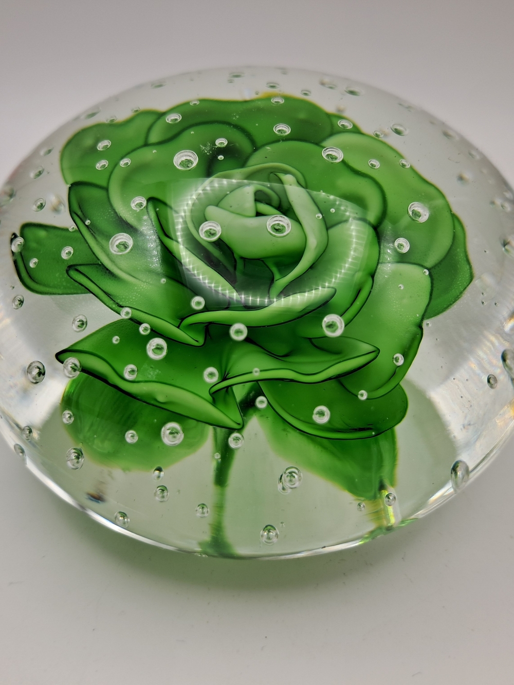 ​Vintage Green Glass Rose Paperweight Control Bubble Art Glass Flower Figure 3"